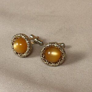 Vintage Gold Tone Cufflinks Amber Color Cabochon Wrap Design Retro Men’s B55